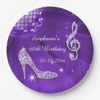 Purple Disco Ball And Heels 60th Birthday Paper Plates by Sarah_Designs at Zazzle