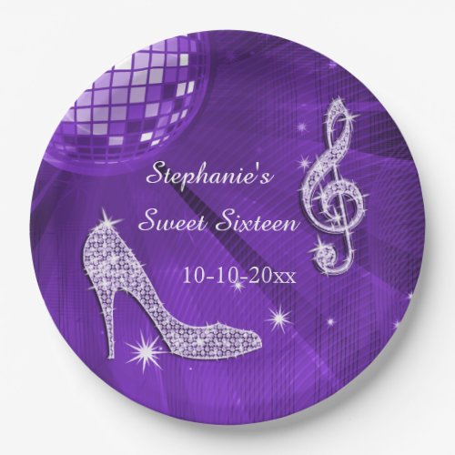 Purple Disco Ball and Heels Sweet 16 Paper Plates