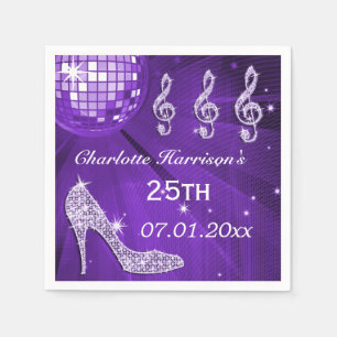 Purple Disco Ball and Sparkle Heels 25th Paper Napkins