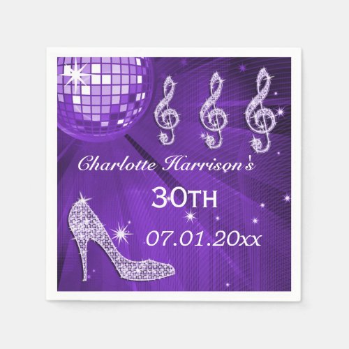 Purple Disco Ball and Sparkle Heels 30th Paper Napkins