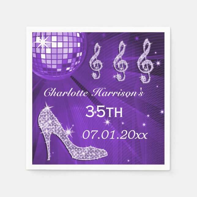 Purple Disco Ball and Sparkle Heels 35th Paper Napkins (Front)