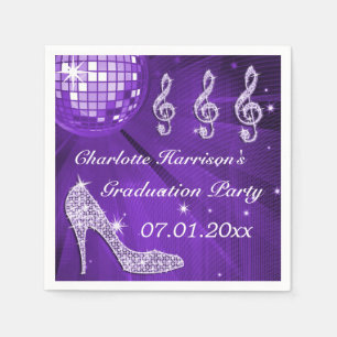 Purple Disco Ball and Sparkle Heels Graduation Paper Napkins