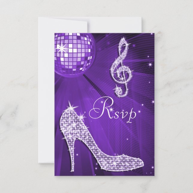 Purple Disco Ball Sparkle Heels RSVP Card (Front)
