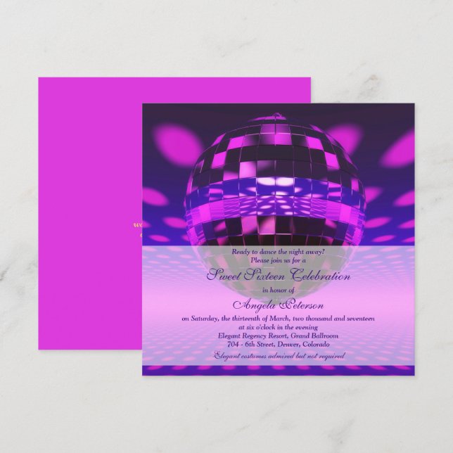 Purple Disco Ball Sweet 16 Birthday Invitation (Front/Back)
