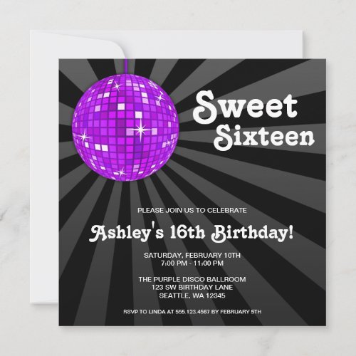 Purple Disco Ball Sweet 16 Birthday Party Invitation