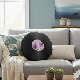 Purple Disco Ball Vinyl Record Round Pillow