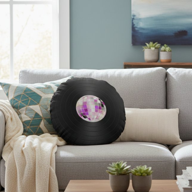Purple Disco Ball Vinyl Record Round Pillow (Creator Uploaded)