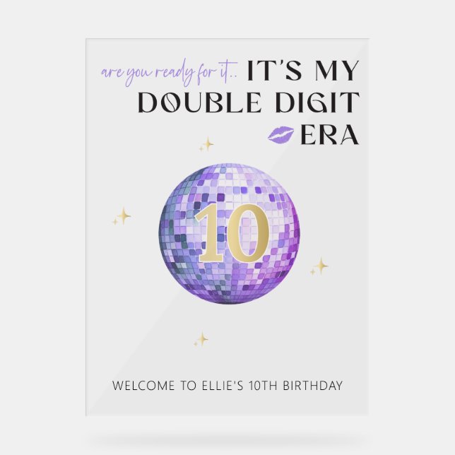Purple Disco Double Digit Era Birthday Welcome Acrylic Sign (Front)