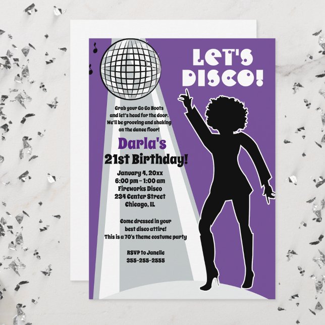 Purple Disco Party Women's Birthday Boogie Invitation (Disco Party Birthday Invitation Purple and Gray)