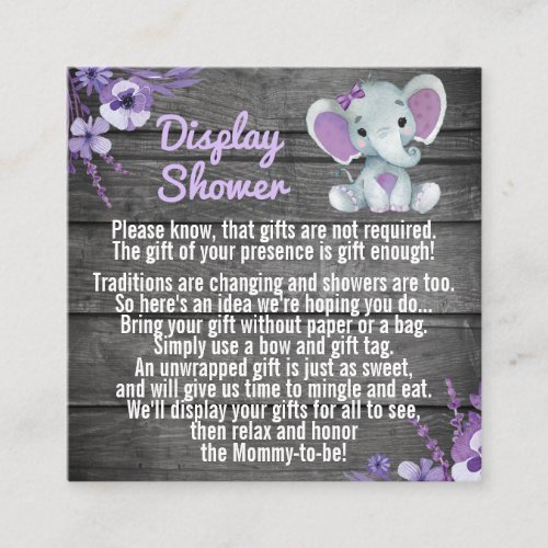 Purple Display shower elephant rustic floral Square Business Card