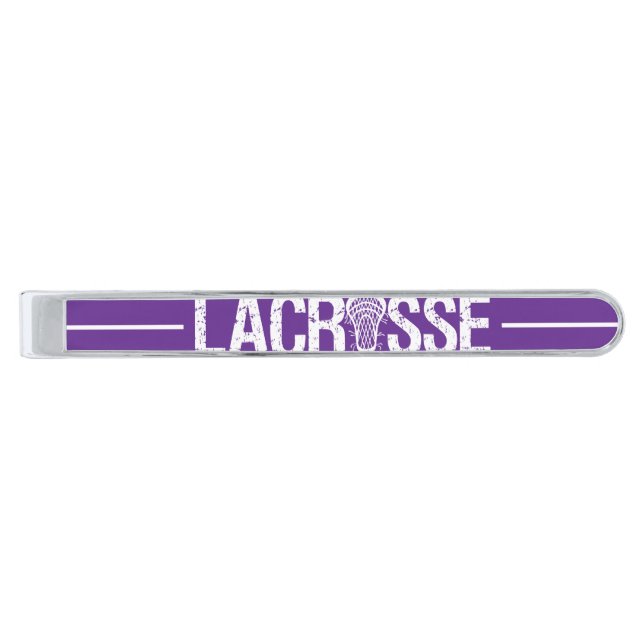 Purple Distressed Lacrosse Silver Finish Tie Bar (Front)