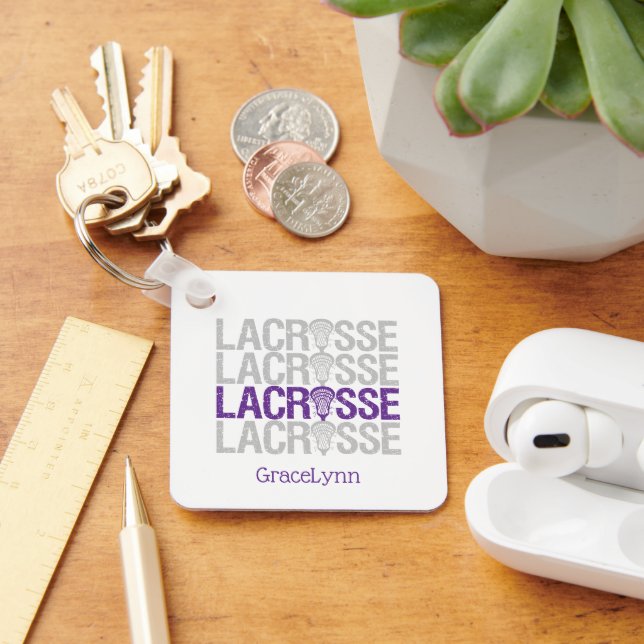 Purple Distressed Lacrosse Word Keychain (Desk)