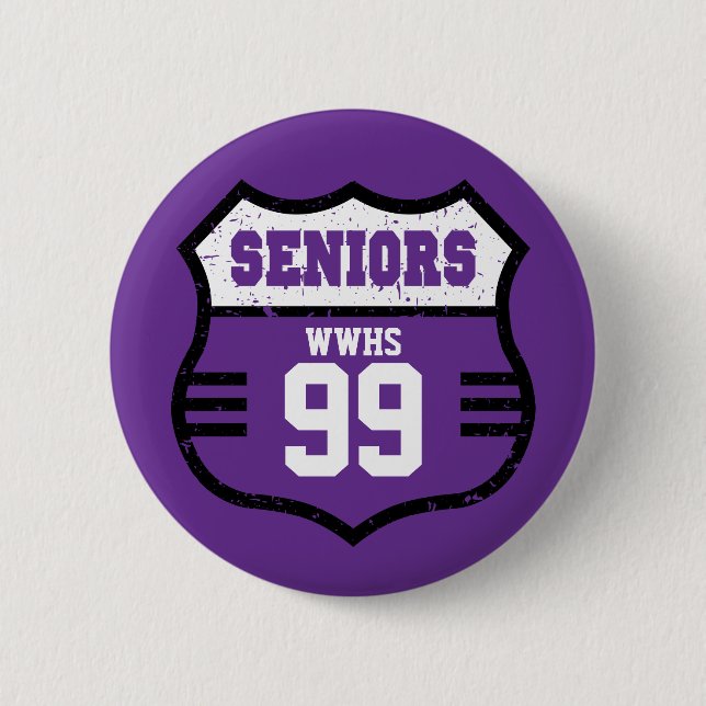 Purple Distressed Seniors Road Sign Button (Front)