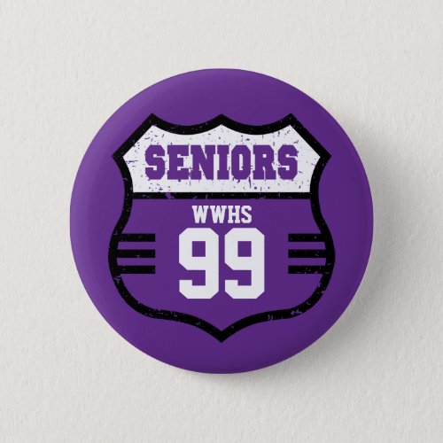 Purple Distressed Seniors Road Sign Button