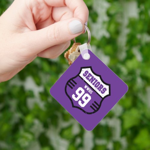 Purple Distressed Seniors Road Sign Keychain