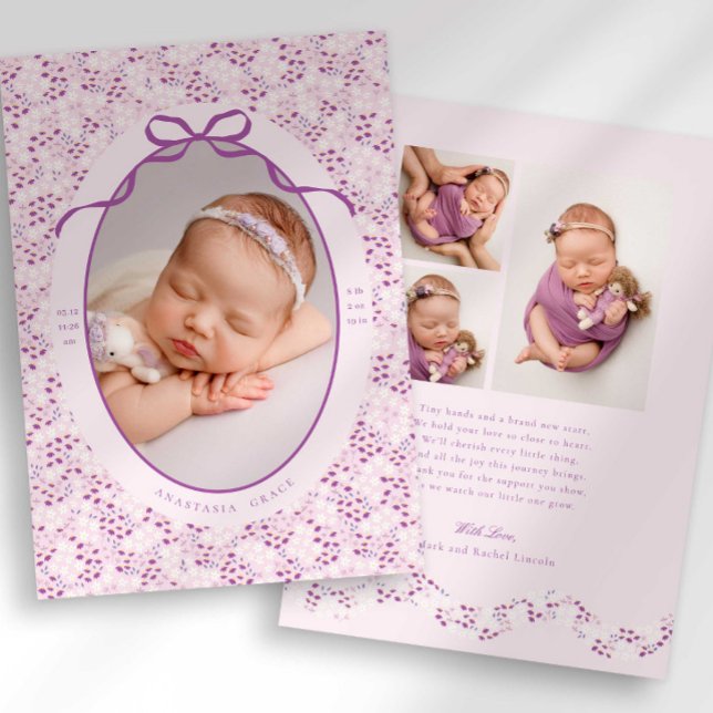 Purple Ditsy Floral Bow Photo Birth Announcement (Creator Uploaded)