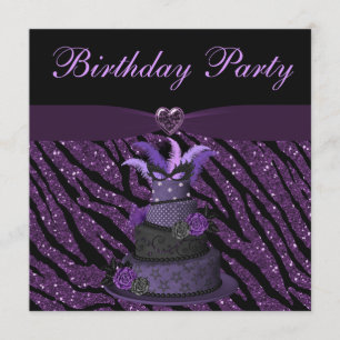 Purple Diva Cake & Printed Zebra Glitter Birthday Invitation
