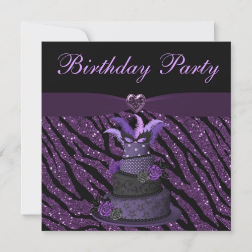 Purple Diva Cake  Printed Zebra Glitter Birthday Invitation