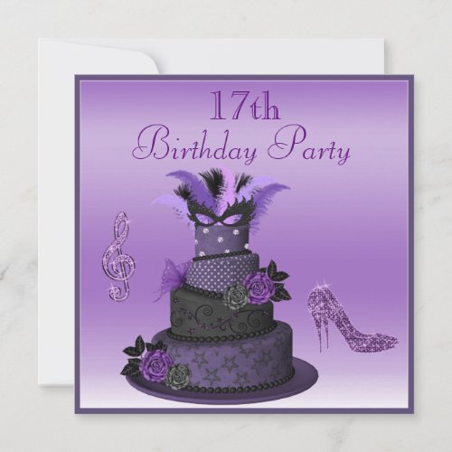 Purple Diva Cake Sparkle High Heels 17th Birthday Invitation