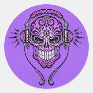 Purple DJ Sugar Skull Classic Round Sticker