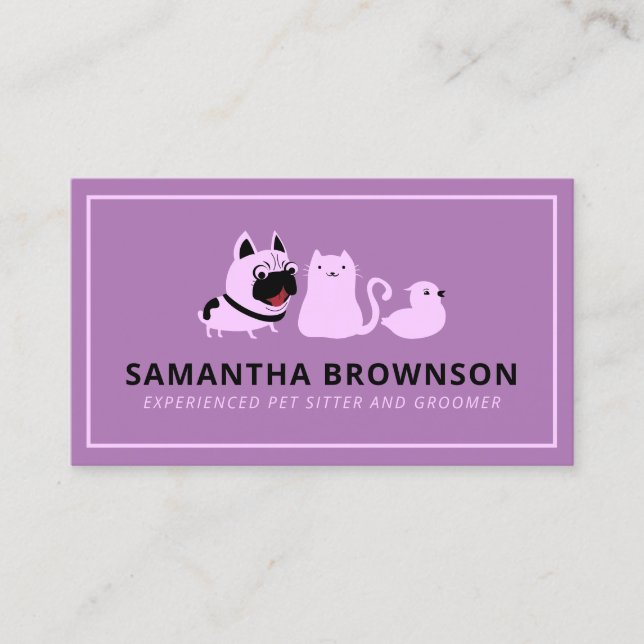 Purple Dog Cat Bird Pet Sitter Business Card (Front)