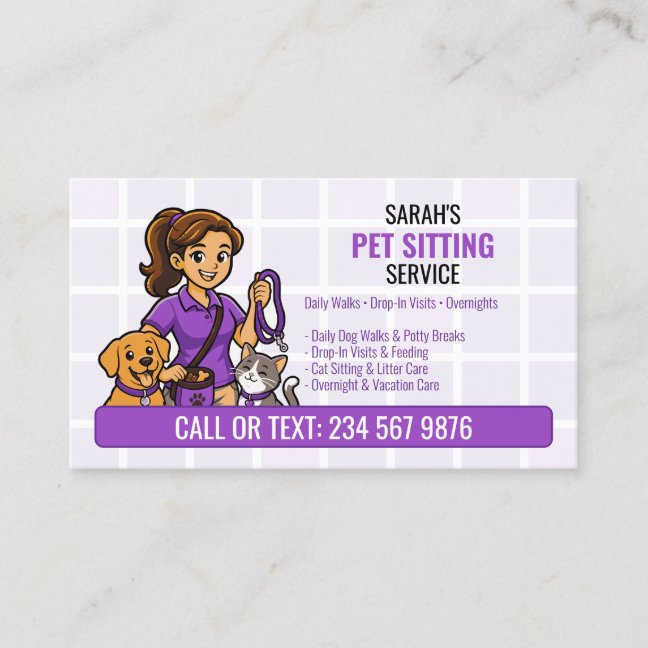 Purple Dog Cat Cartoon Girl QR Pet Sitting Business Card