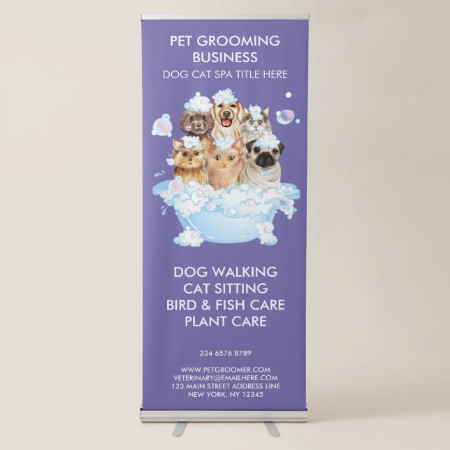 Purple Dog Cat Sitting Spa bath Pet Groomer Retractable Banner (Front)