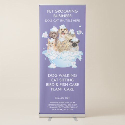 Purple Dog Cat Sitting Spa bathing Pet Groomer Retractable Banner