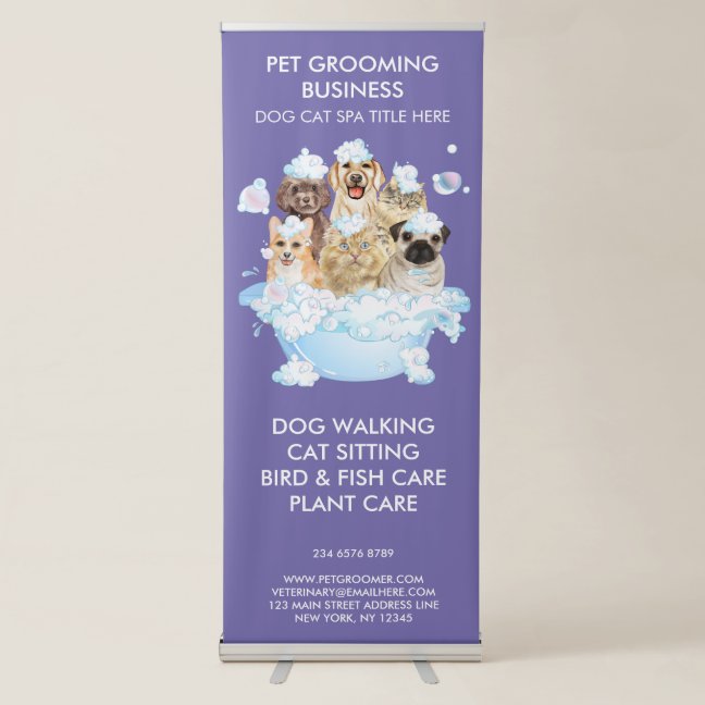 Purple Dog Cat Sitting Spa bathing Pet Groomer Retractable Banner
