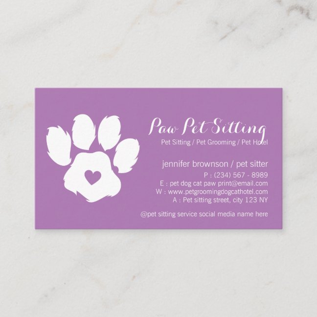 Purple Dog Logo Heart Paw Business Card