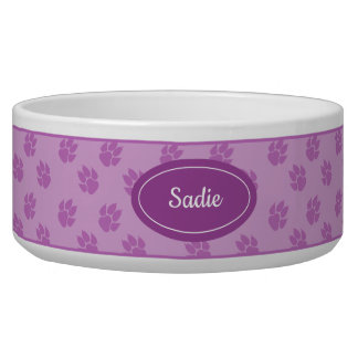 Purple Dog Paws Pattern With Custom Name Bowl