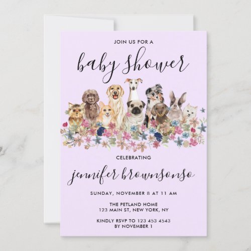 Purple Dog Pet Family celebration Baby Shower Invitation