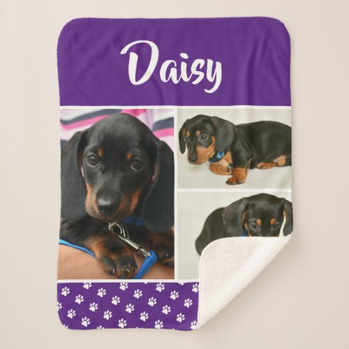 Purple Dog Pet Lover Photo Collage Pawprint Sherpa Blanket