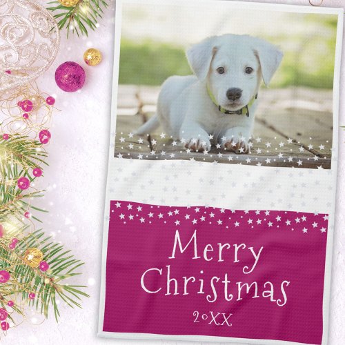 Purple Dog Pet Photo Stars Merry Christmas  Kitchen Towel