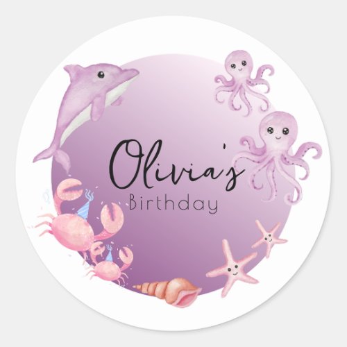 Purple dolphin and jellyfish birthday  classic round sticker