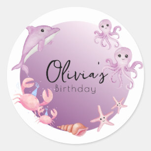 Purple dolphin and jellyfish birthday classic round sticker