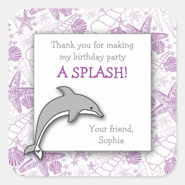Purple Dolphin Birthday Party Favor Sticker (Front)