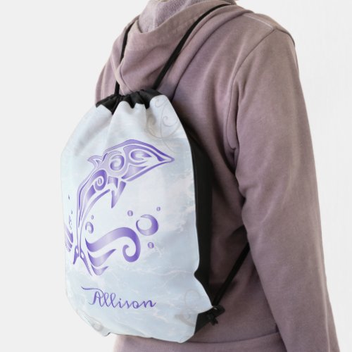 Purple Dolphin Personalized Drawstring Bag
