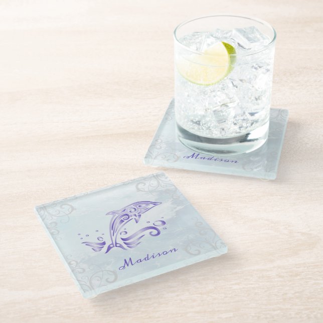 Purple Dolphin Personalized Glass Coaster (Angled)