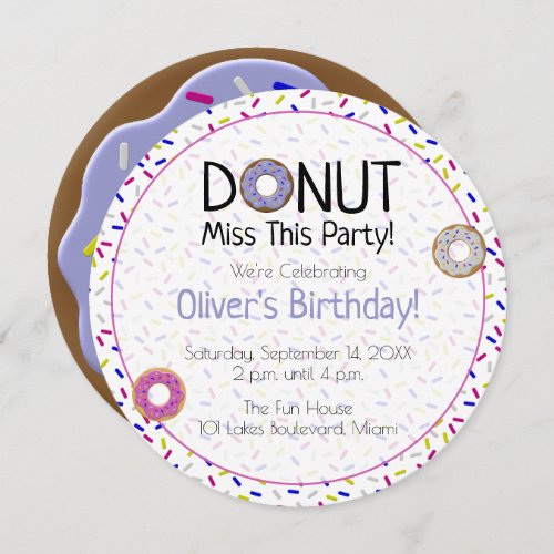 Purple Donut Miss This Party Sprinkle Round Invitation