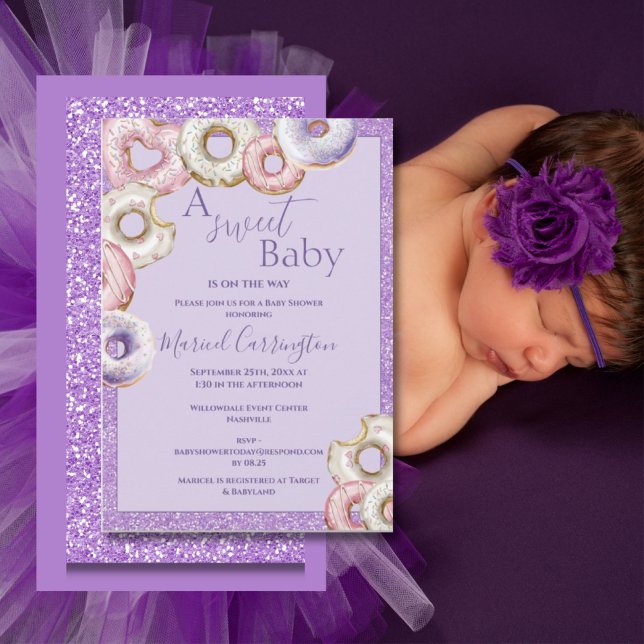 Purple Donuts Glitter Watercolor Baby Shower Invitation (Creator Uploaded)