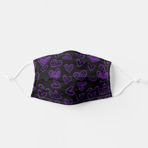 Purple Doodle Hearts Sketch Solid Black Halloween Adult Cloth Face Mask