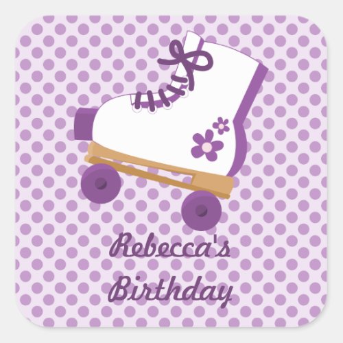 Purple Dots Roller Skate Birthday Square Stickers