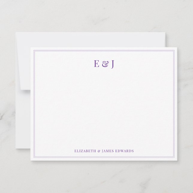 Purple Double Border Elegant Couple Monogram Note Card (Front)