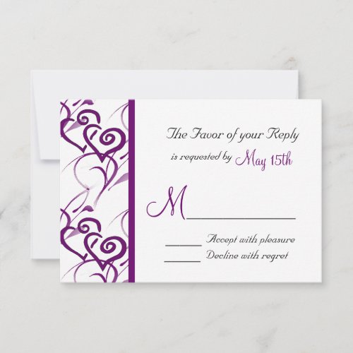 Purple Double Hearts Swirl Vines Wedding RSVP