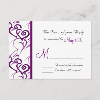 Purple Double Hearts Swirl Vines Wedding RSVP Card