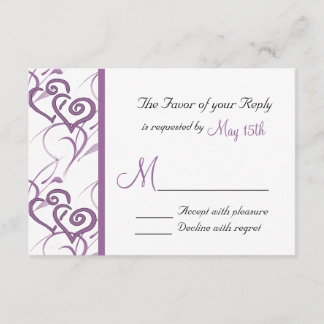 Purple Double Hearts Swirl Vines Wedding RSVP Card