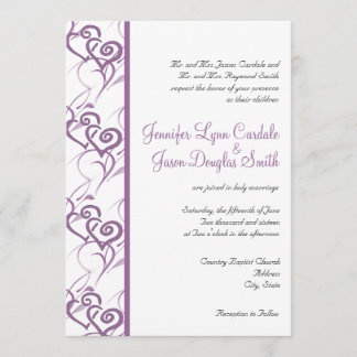 Purple Double Hearts Swirls Wedding Invitations