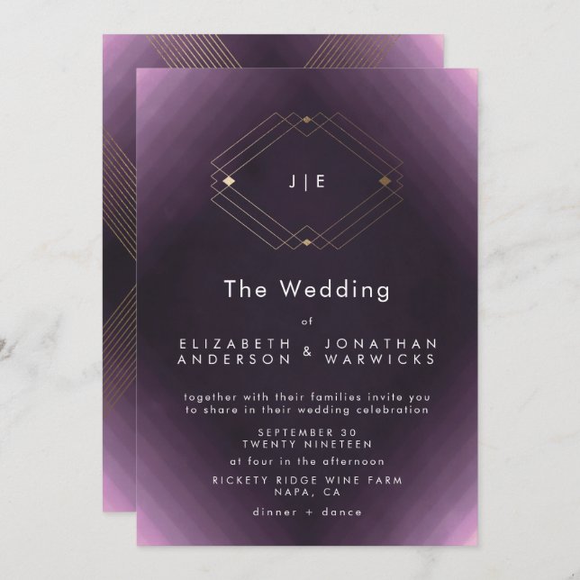 Purple Double Monogram Geometric Gold Wedding Invitation (Front/Back)
