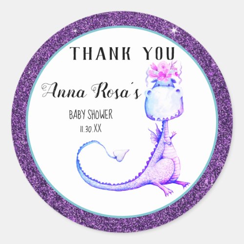 *~* Purple Dragon Baby Girl Shower Thank You Classic Round Sticker